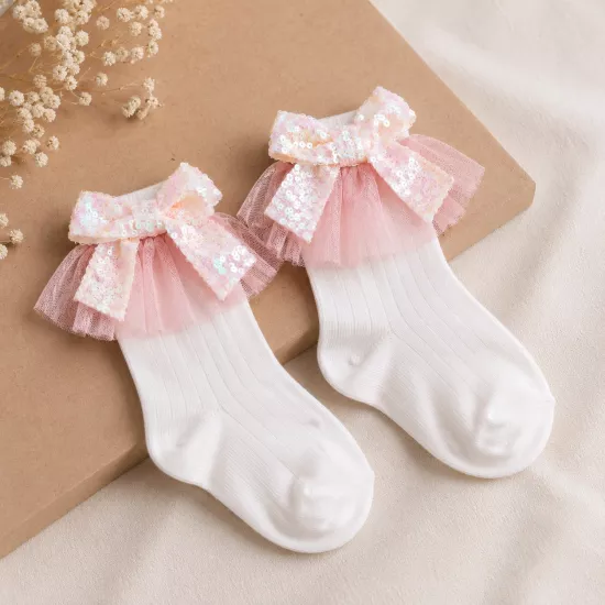 Sparkle Pudra Pullu Fiyonklu Kız Bebek Çorap