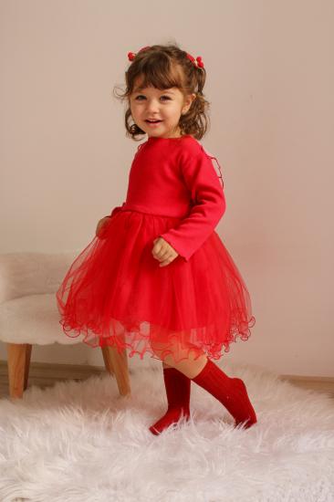 Kırmızı Kanatlı Uzun Kollu Kız Çocuk Elbise