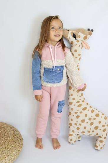 Pudra Peluş ve Jean Detaylı Kız Çocuk Eşofman Takım
