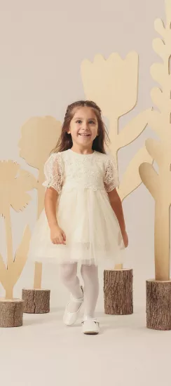 Francesca Yarım Kol Dantel Kız Bebek Elbise