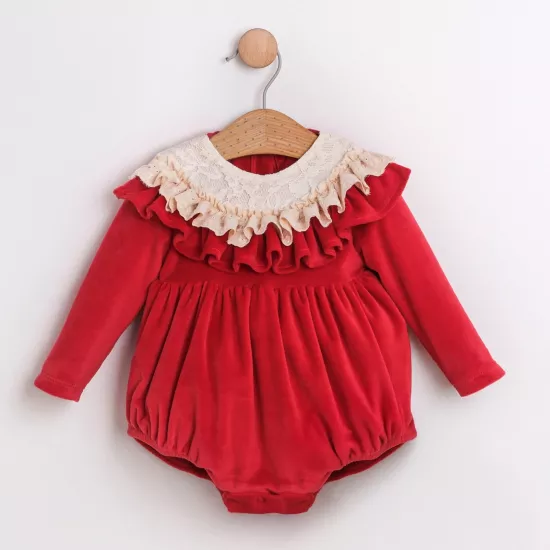 Odette Kırmızı Kadife Kız Bebek Romper