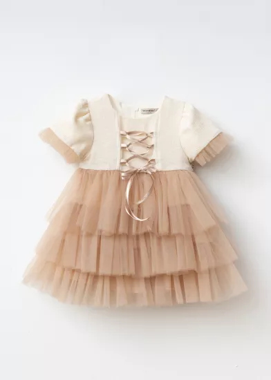 Luana Fiyonklu Sütlü Kahve Kız Bebek Elbise