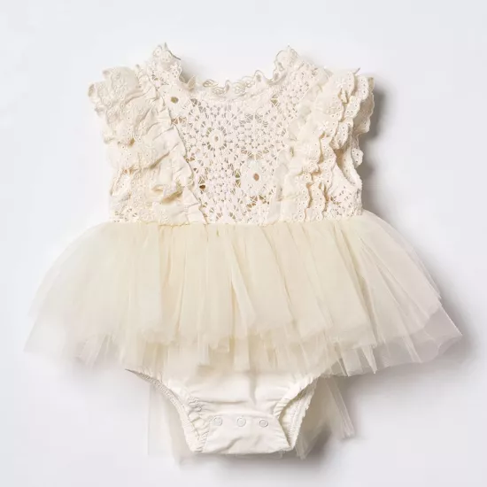 Nuwa Ekru Dantelli Kız Bebek Romper