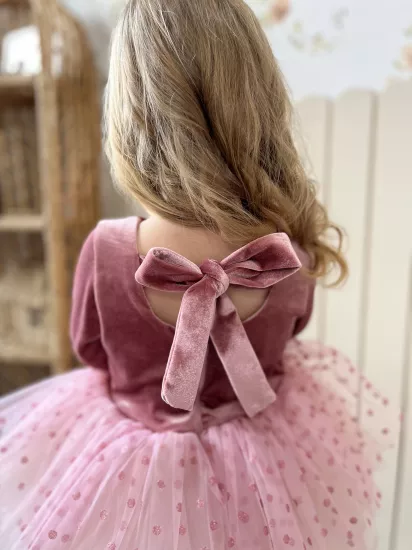 Elinor Kadife Puantiyeli Tütülü Kız Çocuk Elbise