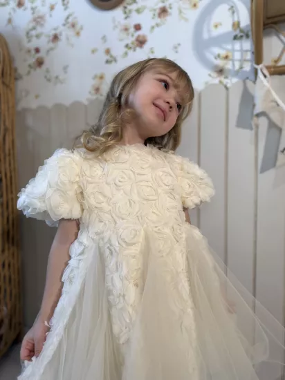 Carolina Ekru Güllü Ara Tül Detaylı Kız Çocuk Elbise