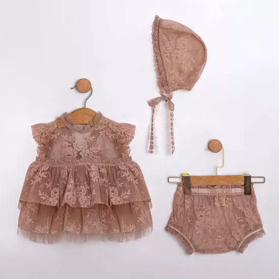 Nevara Kahve Dantel Kız Bebek Takım