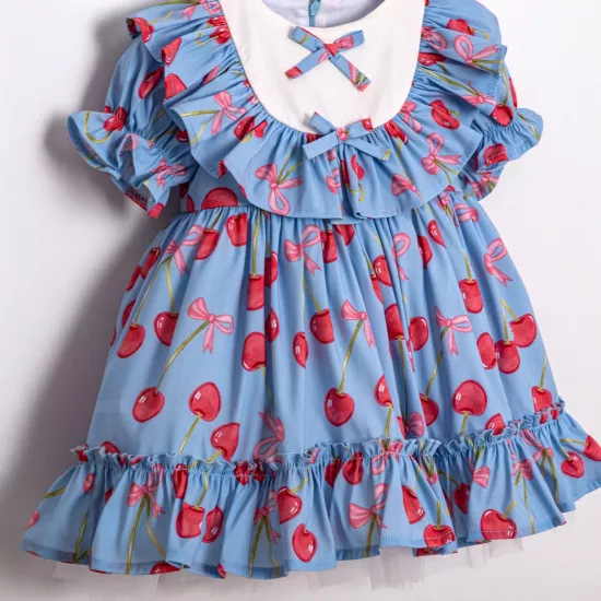 Meryn Mavi Kirazlı Kız Çocuk Elbise