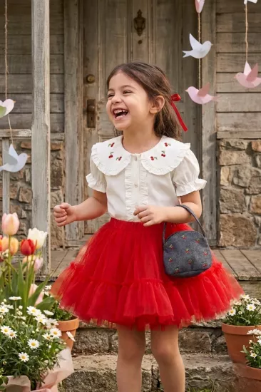 Carmela Kırmızı Kiraz Nakışlı Kız Çocuk Takım