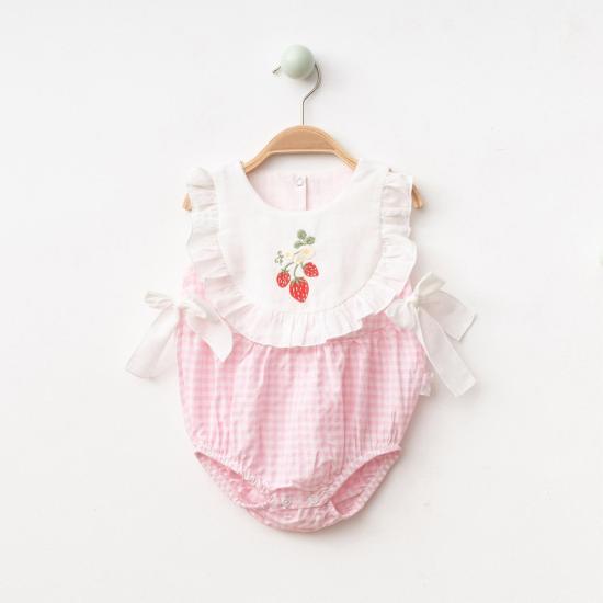 Çilekli Pembe Pötikareli Kız Bebek Romper