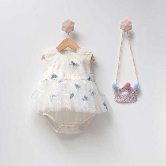 Beyaz Kelebek İşlemeli Çantalı Kız Bebek Romper