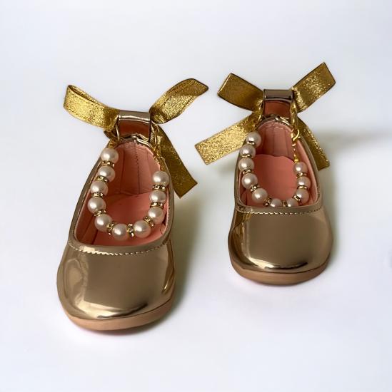 Gold İncili Fiyonklu Kız Çocuk Ayakkabı