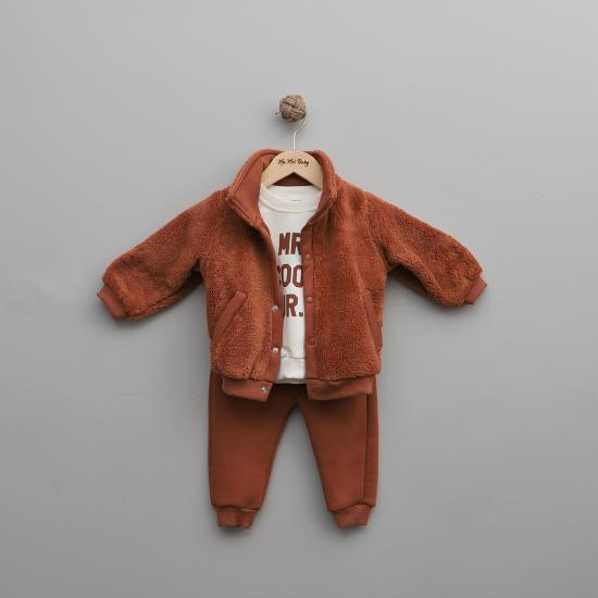 Taba Peluş Hırkalı 3’lü Erkek Bebek Eşofman Takım 