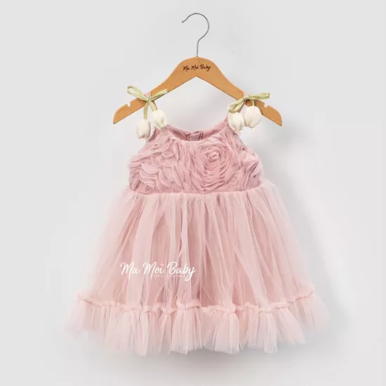Jade Lale Askılı Pudra Güllü Kız Çocuk Elbise