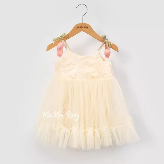 Jade Lale Askılı Ekru Güllü Kız Çocuk Elbise